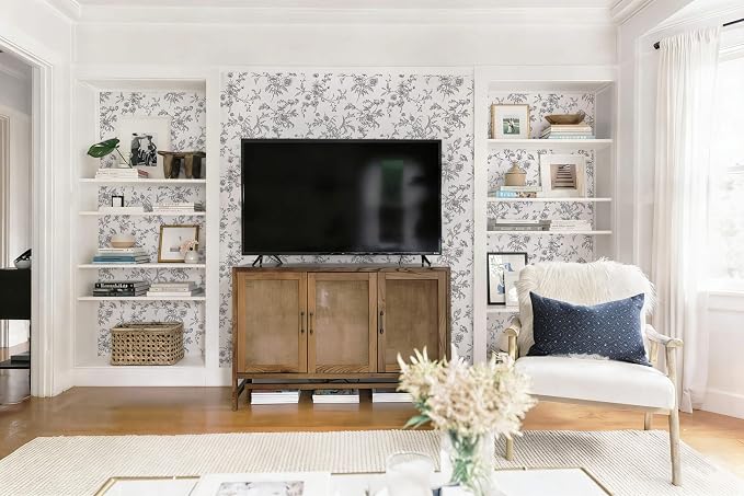 Ismoon Peel and Stick Wallpaper Floral Vintage Stick on Wall Paper Black and White Contact Paper for Cabinet French Textured Removable Self Adhesive Wallpaper Vinyl for Bedroom Wall Deco 17.3 x 393in
