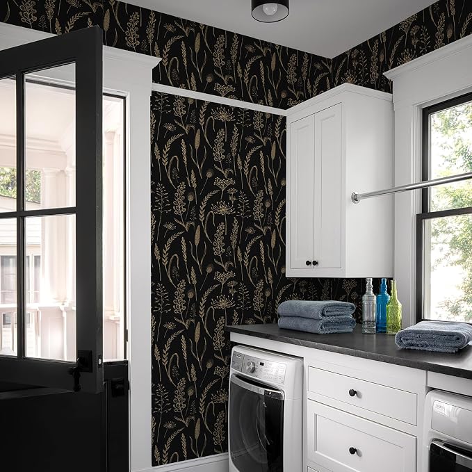 JiffDiff Peel and Stick Wallpaper Black Farmhouse Vintage Contact Paper Wheat Meadow Removable Self Adhesive Wallpaper Black and Gold (14.2 sq.ft)