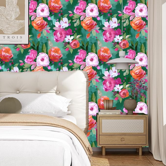 BOKEBEVE Floral Wallpaper Peel and Stick Boho Bright Green 17.5 x 118In | Removable Self Adhesive Renter Friendly Colorful Watercolor Wall Paper for Bedroom Bathroom Living Room Accent Wall