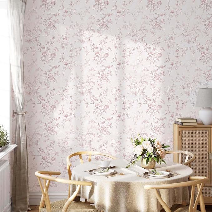 Ismoon Floral Wallpaper Peel and Stick Pink Stick on Wall Paper Vintage French Contact Paper for Cabinet Textured Removable Self Adhesive Wallpaper Vinyl Roll Shelf Deco, 17.3x787in