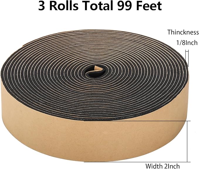 Jucoan 99 Feet Weather Stripping Foam Seal Tape, 2 Inch Wide x 1/8 Inch Thick Self Adhesive Foam Insulation Tape Weatherstrip Soundproof Tape for Pipe, Window Door Air Conditioner Seal, 3 Rolls