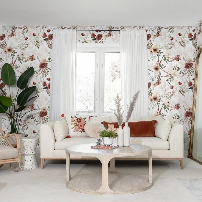 Dimoon 17.3''x197'' Floral Peel and Stick Wallpaper Vintage Beige Antique Contact Paper Bathroom Village Country Cottage Wallpaper Farmhouse Renter Friendly Geometry Waterproof Kitchen Bedroom Vinyl