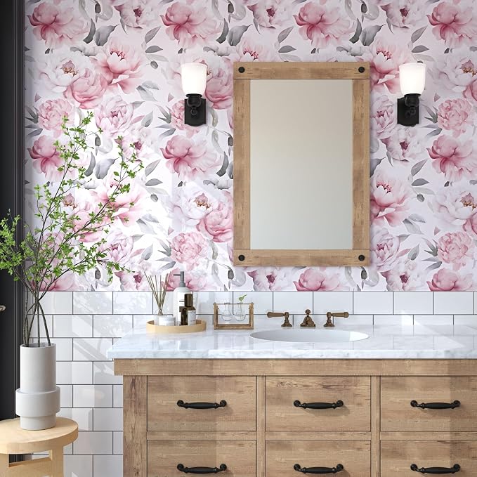 Light Large Floral Peel and Stick Wallpaper 17.5" x 118",Pink/White | Self Adhesive/Removable/Waterproof/Thick Vinyl Contact Paper for Bathroom Bedroom Shelf Cabinet Drawer,Prepasted,Easy Peel