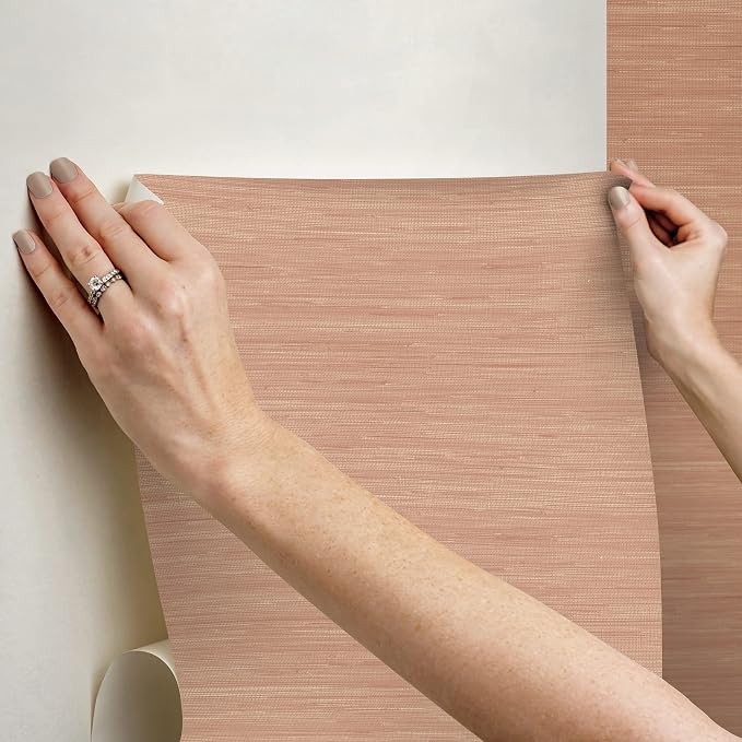 NuWallpaper x Society Social Apricot Classic Faux Grasscloth Peel & Stick Wallpaper, Pink