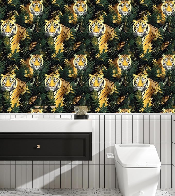 Gold Vintage Tiger Peel and Stick Wallpaper 17.5" x 393" | Waterproof Vinyl Self Adhesive Removable Renter Friendly Floral Contact Paper