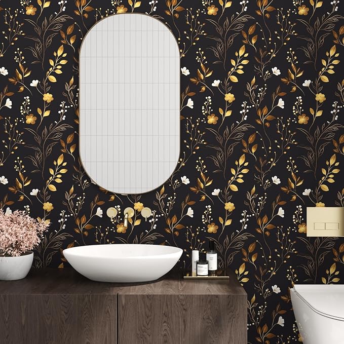 Black Floral Leaf Vintage Wallpaper Peel and Stick 17.5" × 393" | Self Adhesive/Removable/Waterproof/Thick Vinyl Contact Paper for Bathroom Bedroom Shelf Cabinet Drawer,Prepasted,Easy Peel