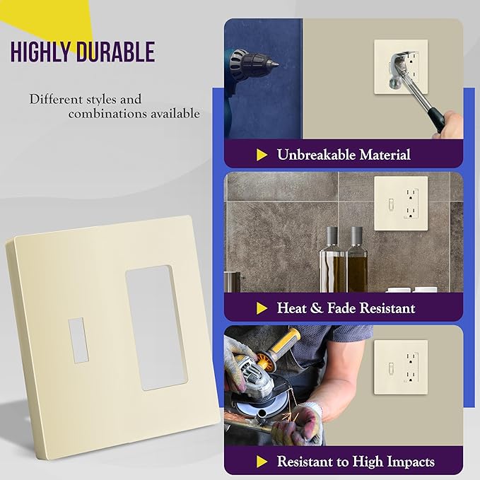 ENERLITES Combination Toggle/Decorator Light Switch Plate, Double Switch Wall Plate, Standard Size 2-Gang 4.68" x 4.73", Polycarbonate Thermoplastic, Gloss Finish, SI881131-LA, Light Almond