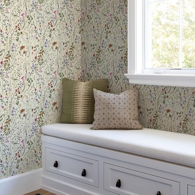 Wallpaper Self-Adhesive Blooming Vintage Colourful Flowers Wall Paper for Bedroom Living Room Cabinet, Peel and Stick Beige Sketch Little Flowers Wallpaper Mural 47.36 sq. feet (393.7"x17.3")