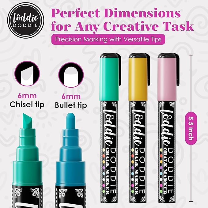 Loddie Doddie Liquid Chalk Markers - Pack of 8 Macaron Pastel 6mm Tip - Dual Tip Fine & Bold Lines with Chalkboard Markers & Chalk Pens - Erasable Liquid Ink on Chalkboard Calendar & Blackboard