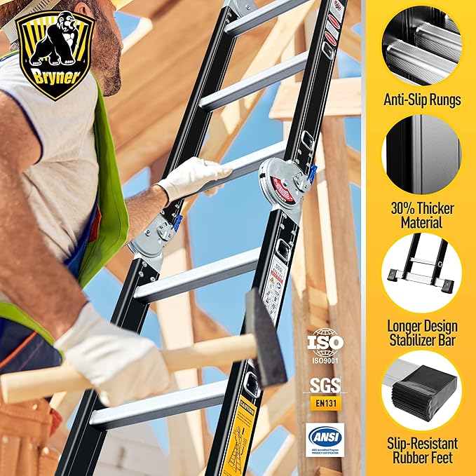 Step Ladder, Bryner Folding Ladder 19.6ft Multi-Purpose Aluminium Extension Ladders, 7 in 1 Folding Adjustable Telescoping Step Ladder 330lbs (12.0 Ft)