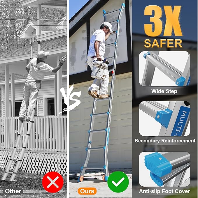 LUISLADDERS A Frame Step Ladder Telescoping Ladder, 19 ft Multi Position Folding Ladder with Flared Leg & Wheels Design, 330 lbs Capacity Extension Ladder for Household Outdoor Work, Aluminum, 19 FT