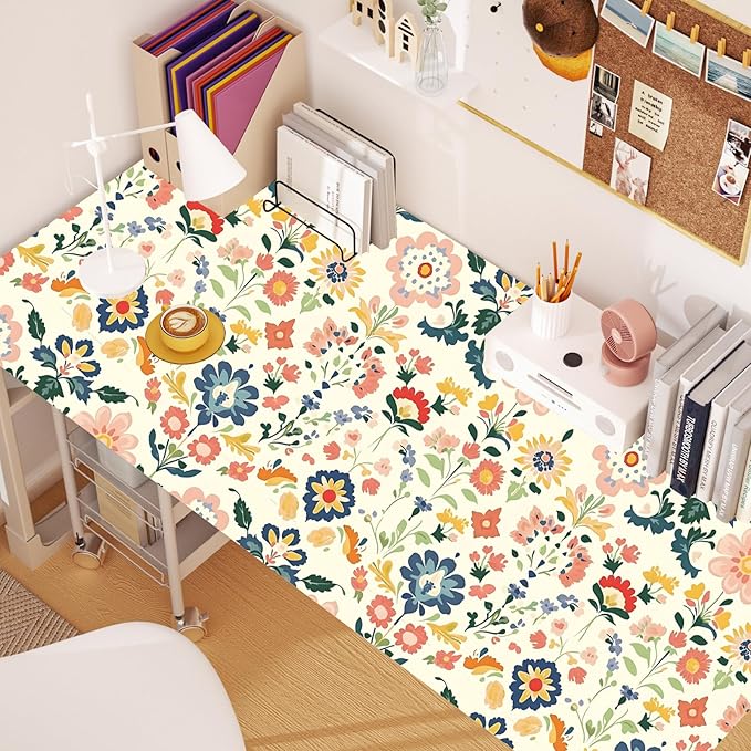ILHIIOR Pink Floral Peel and Stick Wallpaper Boho Leaf Contact Paper Yellow Flower Removable Self Adhesive Waterproof Wall Paper for Cabinet Drawers Wall Decor Renter Friendly 17.5''x118''