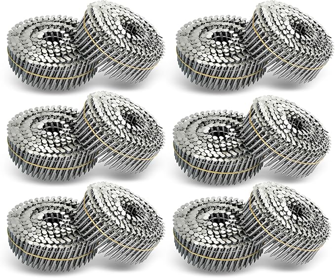 waltyotur 3600 Count Stainless Steel Coil Roofing Ring Shank Siding Nails 15-Degree Collated Wire Coil 2 Inch, 0.09 Inch Ring Shank, Small Cap Coil Stud Siding Nails