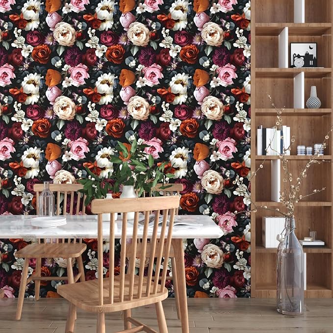 Vintage Black Red Rose Floral Peel and Stick Wallpaper 17.5"x393" | Self Adhesive/Removable/Waterproof/Thick Vinyl Contact Paper for Bathroom Bedroom Shelf Cabinet Drawer,Prepasted,Easy Peel