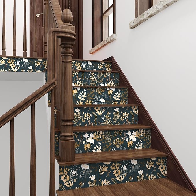 Vintage Dark Navy Gold Floral Peel and Stick Wallpaper 17.5"x787" | Self Adhesive/Removable/Waterproof/Thick Vinyl Extra Long Contact Paper for Bathroom Bedroom Shelf Cabinet Drawer,Prepasted