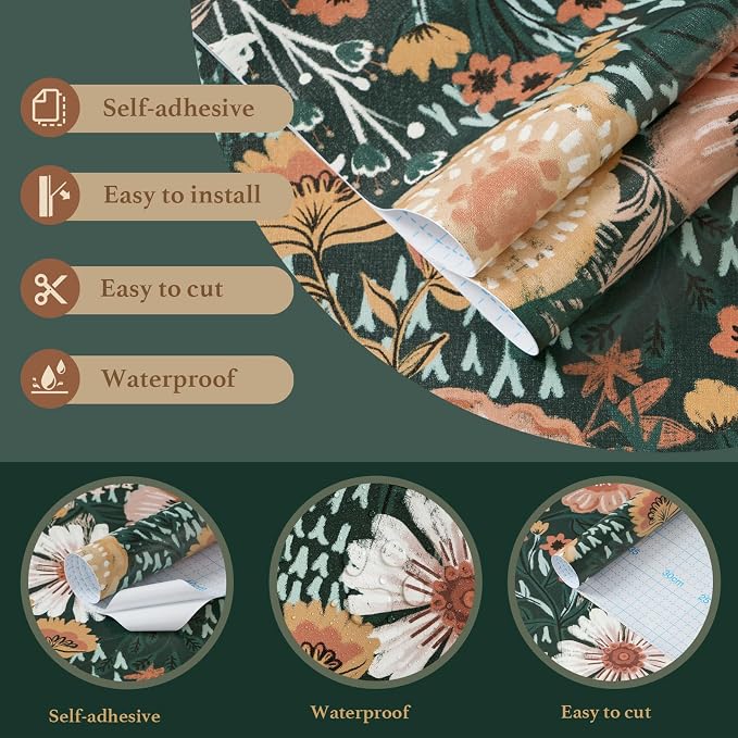 Boho Retro Dark Green Wallpaper Peel and Stick Wallpaper Vintage Floral Contact Paper 17.3''x362'' Bohemian Removable Wall Paper Renter Friendly Waterproof Wall Mural Bedroom Bathroom Vinyl