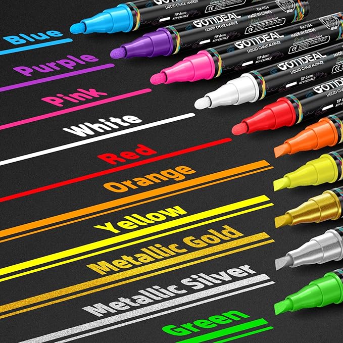 GOTIDEAL Chalk Markers,10 Colors Liquid Chalk Markers for Blackboard,Erasable Chalk Board Pens,Window markers for Glass Washable,Car,Glass,Calendar,Sign,Menu Diy Painting(6 mm Bold&Chisel Tip)