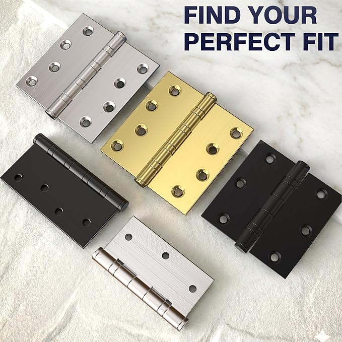 KOLET Ball Bearing Gold Door Hinges, 4 x 4 Inches Square Door Hinges Satin Gold, Square Corner, Stainless Steel Hinges, Heavy Duty, Smooth and Non Removable Pin, 6 Pack