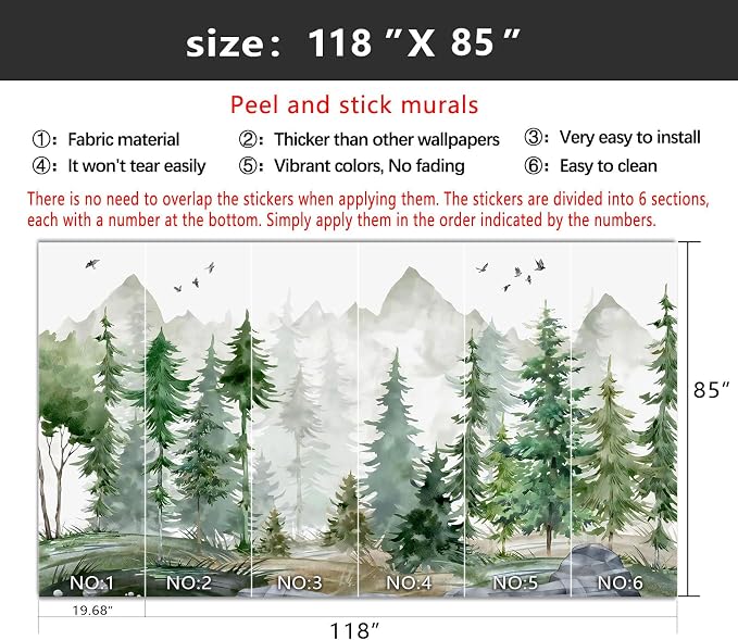 YIHWM-Peel and Stick Nursery Forest Wallpaper Watercolor Pine Tree Mural | Tear-resistant,with a substantial feel;Will not be damaged during repositioning.Boy's Room,kids room wallpaper.M-118"x85"