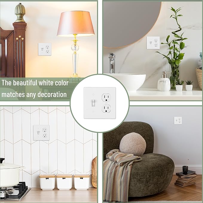 Bates- 2-Gang Combination Wall Plate, 4.57"x 4.50"/Standard Size, White, Toggle Light Switch/Duplex Receptacle Outlet, 2 Gang Wall Plate for Electrical Outlets, Double Outlet Cover Plate