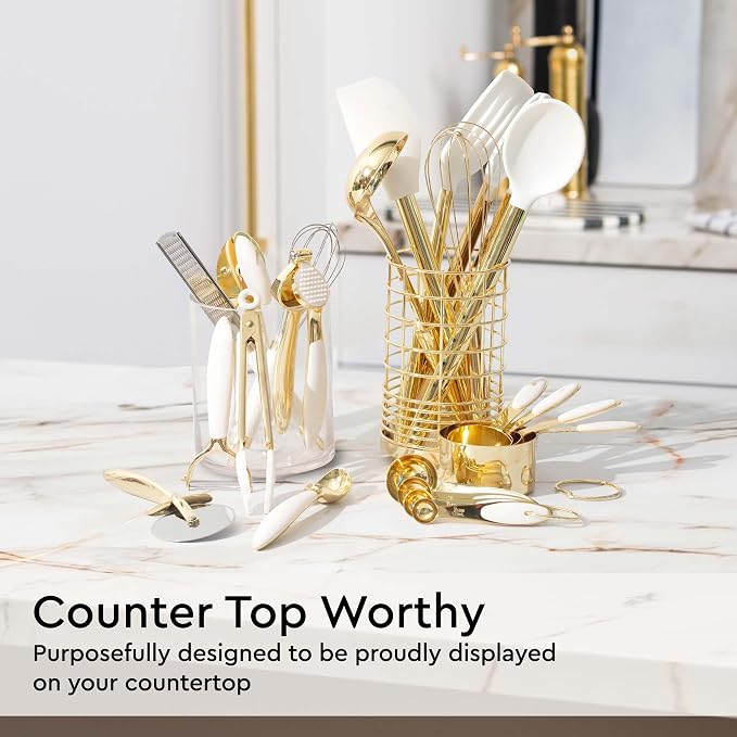 Styled Settings White and Gold Kitchen Utensils Set, 23-Piece | Stainless Steel, Gold Kitchen Accessories Include Measuring Cups, Silicone Utensils, Utensil Holder -Gold Kitchen Accessories