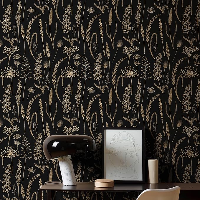 JiffDiff Peel and Stick Wallpaper Farmhouse Vintage Floral Contact Paper Wheat Meadow Removable Self Adhesive Wallpaper Black and Gold (56 sq.ft)