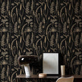 JiffDiff Peel and Stick Wallpaper Farmhouse Vintage Floral Contact Paper Wheat Meadow Removable Self Adhesive Wallpaper Black and Gold (56 sq.ft)
