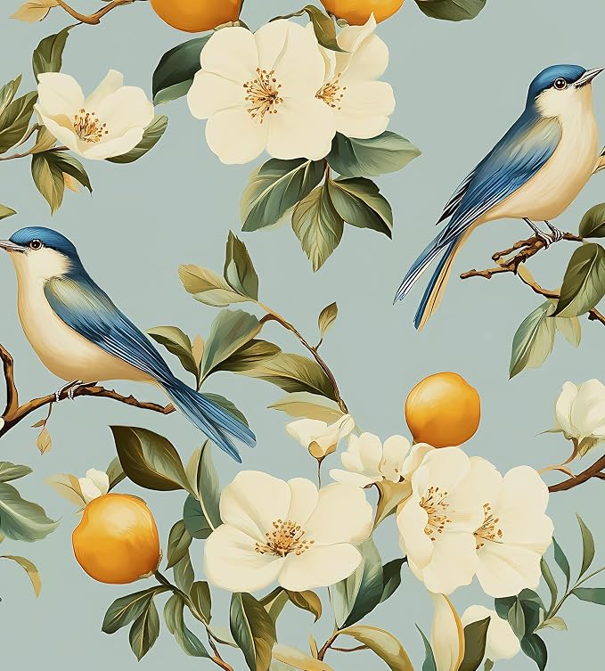 Blue Bird Peel and Stick Wallpaper, Vintage Beige Floral Fruits Contact Paper, Retro Botanical Wall Paper 17.5" x 118" Self Adhesive Removable Waterproof for Bedroom Shelves Cabinet Drawer Table