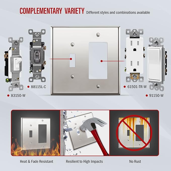 ENERLITES Combination Toggle Switch and DecoratorReceptacle Metal Wall Plate, Stainless Steel 201 Outlet Cover, Corrosion-Resistant, Mid-Size 2-Gang 4.88" x 4.92", 771131M-PC, Polished Chrome