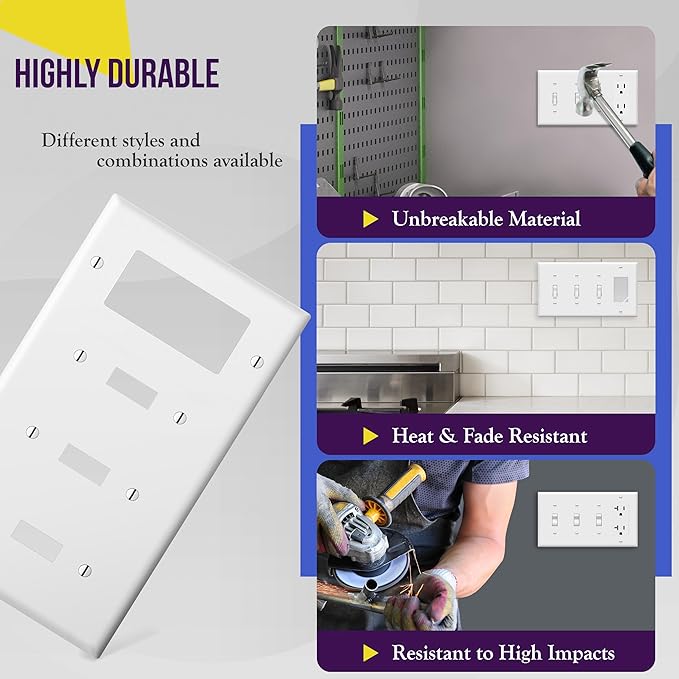 ENERLITES Combination Triple Toggle/Single Decorator Rocker Outlet Wall Plate, Standard Size 4-Gang Light Switch Cover (4.50" x 8.19"), Polycarbonate Thermoplastic, UL Listed，881331-W-2PCS, White