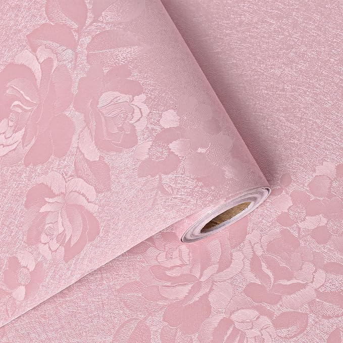 Silk Pink Peel and Stick Wallpaper Embossed Floral 197in 17.7in | Textured Vinyl Wallpaper,Self Adhesive Removable,Perfect for Bedroom Girls Kids Room,Gift Paper,Easy to Use