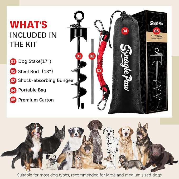 Snagle Paw Dog Tie Out Stake with Lock-Cap,Heavy Duty Dog Stakes for Outside/Yard/Camping with Shock Absorbing Bungee Tether,360°Swivel Rust Proof Ground Anchor for Dog Cable,Leash,Chain,up to 360 Lbs
