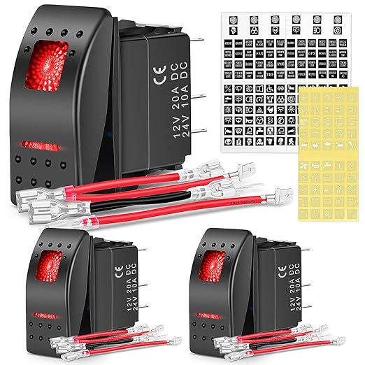 Nilight 3 Pack Rocker Switches with Night Glow DIY Stickers On Off 5 PIN SPST LED Light Red Backlit 12V/24V Toggle for Cars Trucks RVs Boats Auto Motorcycles