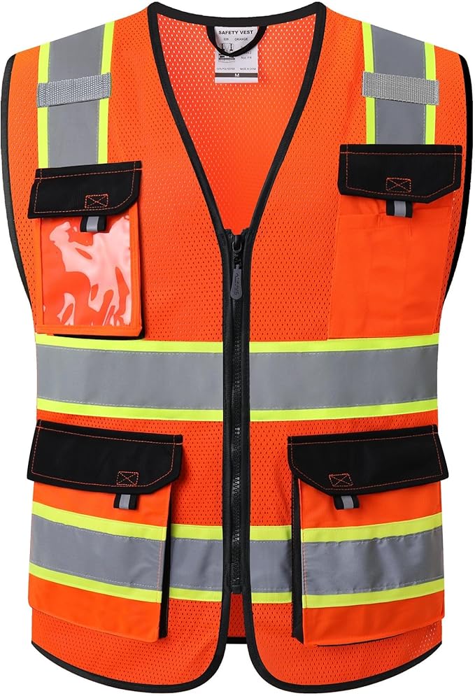 JKSafety Hi Vis Reflective Safety Vests for Men Women High Visibility Vest with Pockets Mesh Fabric Construction Safety Apparel Neon Vest for Work (220-orange S)