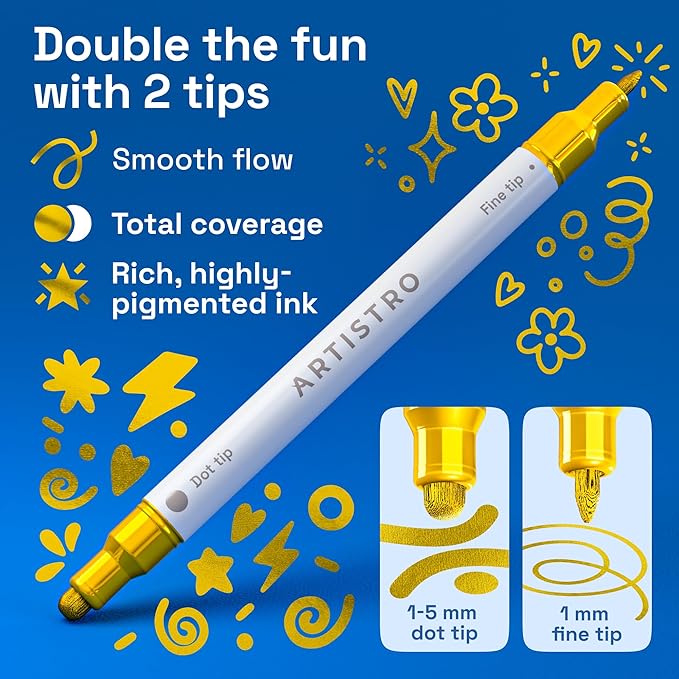 ARTISTRO 5 Gold Precision Dual-Tip Acrylic Paint Markers – Paint Pens Set with Dot & Fine Tips for Fabric, Rock, Glass, Wood, Coloring Books – Classroom & Art Supplies Gift Teacher Appreciation Gift