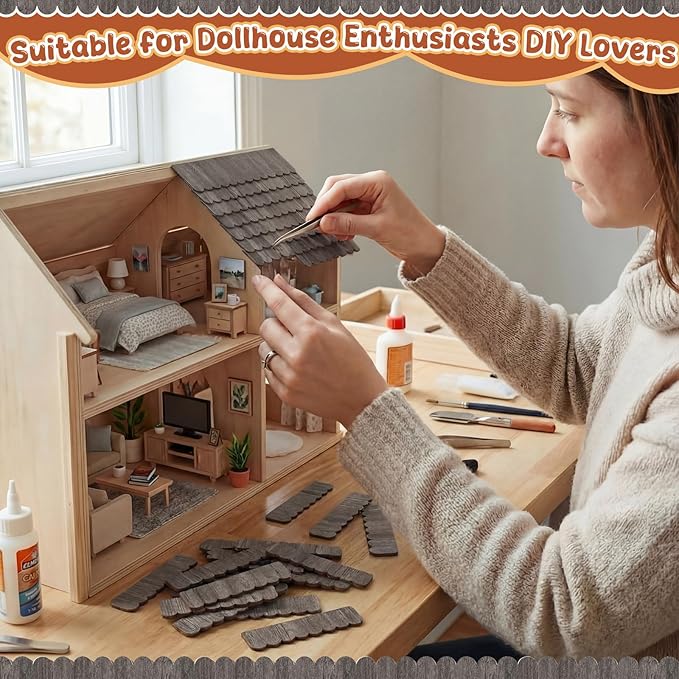 Wenqik 100 Strips Dollhouse Roof Shingles 4.25 x 1.14 Inches Each Mini Fish Scale Wooden Dollhouse Miniature Roofing for 1: 12 Scale Doll House Projects DIY Miniature Landscapes (Taupe)