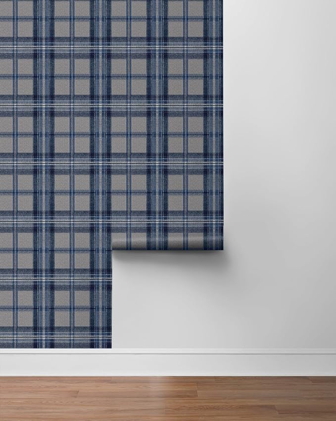 NextWall Harry & Grace Herringbone Plaid Premium Matte Non-Woven Peel and Stick Wallpaper (Blue Smoke)