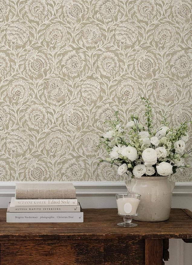 NuWallpaper x Nabela Noor Home Aliviya Pistachio Peel and Stick Wallpaper, Brown, Flowers, Transitional, Self-Adhesive, 20.5-in x 18-ft