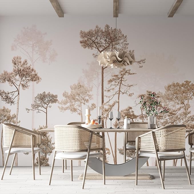 Vintage Forest Beige Wall Murals Peel and Stick 144" W x 100" H | Waterproof Canvas Self-Adhesive Removable Wallpaper Large Woodland Landscape Wall Art Decor for Bedroom Living Room