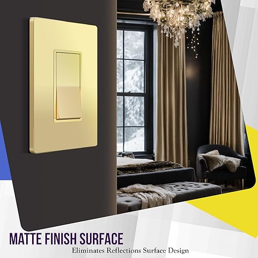 ENERLITES Elite Series Decorator Switch with Screwless Wall Plate, Paddle Light Switch, Single Pole, 3 Wire, Grounding Screw, Residential Grade, 15A 120V, UL Listed, 91150-GDWP, Gold with Wall Plate
