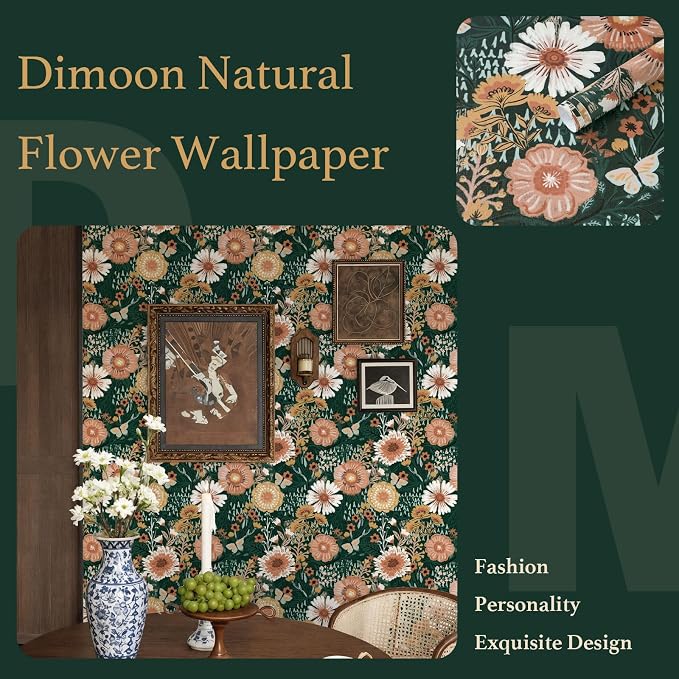 Dimoon Boho Retro Dark Green Wallpaper Peel and Stick Wallpaper Vintage Floral Contact Paper 17.3''x197'' Bohemian Removable Wall Paper Renter Friendly Waterproof Wall Mural Bedroom Bathroom Vinyl