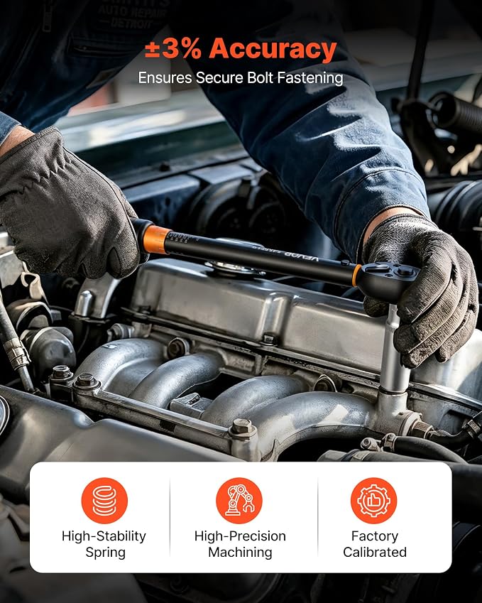 VEVOR Torque Wrench 3/8-inch Drive Click Torque Wrench Dual Scale Readings, 5-45 lbf-ft / 6.8-61.2 N.m, ±3% High Precision, with Spark Plug Sockets, Bits, Universal Joint, Extension Bar, Storage Case
