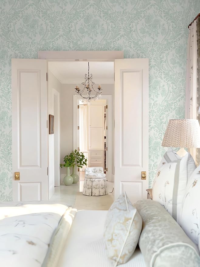 Ismoon Peel and Stick Wallpaper Vintage Floral Contact Paper Boho Watercolor Sage Green Damask Wallpaper Textured Removable Self Adhesive Vinyl Wall Paper for Bedroom, 17.3 in X 32.7 ft