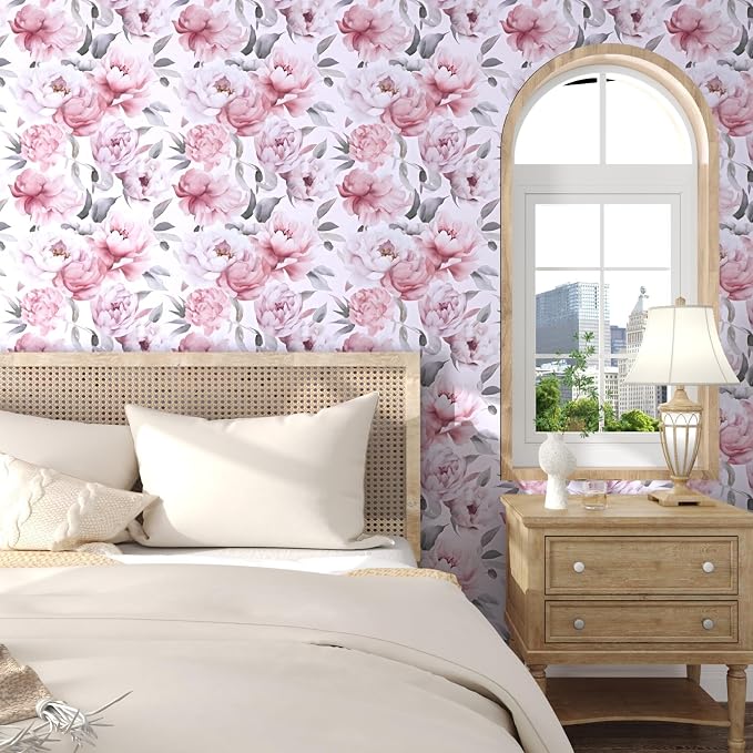 Light Large Floral Peel and Stick Wallpaper 17.5" x 118",Pink/White | Self Adhesive/Removable/Waterproof/Thick Vinyl Contact Paper for Bathroom Bedroom Shelf Cabinet Drawer,Prepasted,Easy Peel