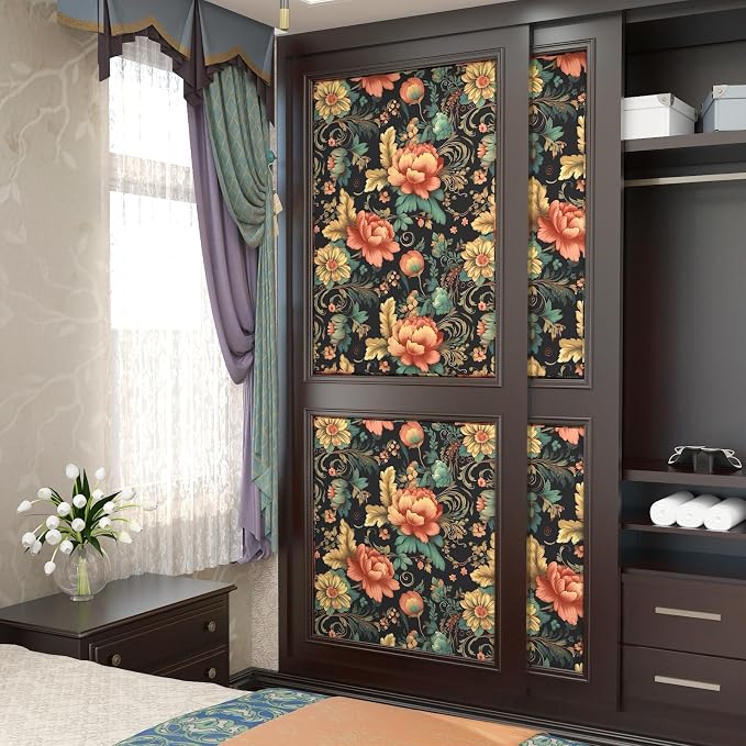 BOKEBEVE Floral Wallpaper Peel and Stick Vintage Black Orange 17.5 x 196In | Removable Self Adhesive Renter Friendly Boho Leaf Wall Paper for Bedroom Bathroom Living Room Feature Accent Wall