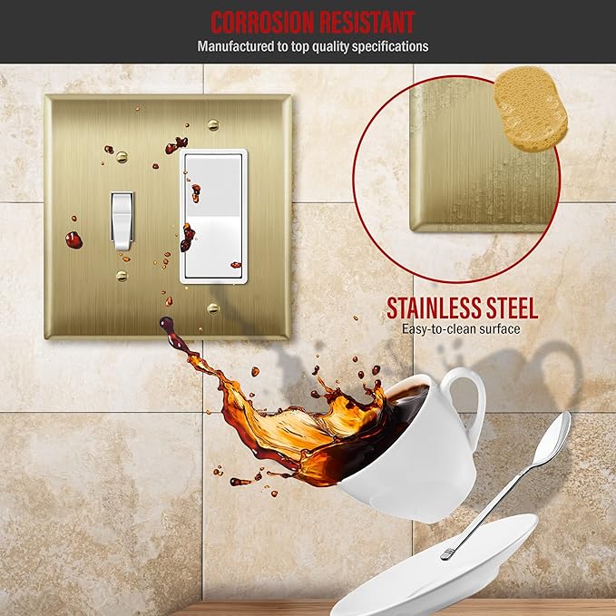ENERLITES Combination Toggle Switch and Decorator Receptacle Metal Wall Plate, Stainless Steel 201 Outlet Cover, Corrosion-Resistant, Mid-Size 2-Gang 4.88" x 4.92", 771131M-BB, Brushed Brass