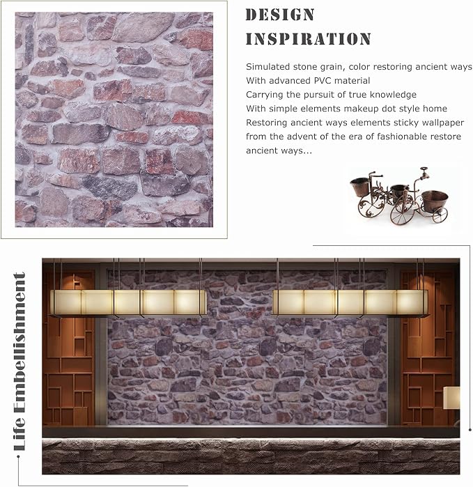 Peel and Stick Wallpaper Stone Brick Wall Paper Self-Adhesive Waterproof Decorative Covering Removable Vinyl Wallpaper Faux 3D Stone Look Brick Shelf Paper 15.7" X 196"