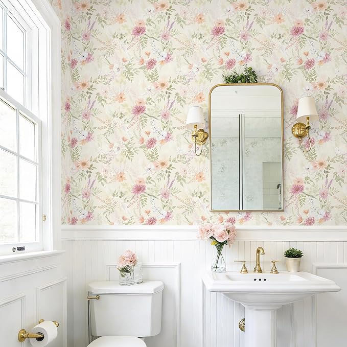 Dimoon Floral Peel and Stick Wallpaper Beige Boho Neutral Cottage Contact Paper Bathroom Cabinets Farmhouse Wall Paper Renter Friendly Removable Waterproof Kitchen Vinyl 197''x17.3''