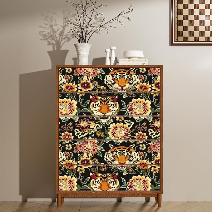 Yellow Gold Vintage Tiger Peel and Stick Wallpaper 17.5" x 787" | Waterproof Vinyl Self Adhesive Removable Renter Friendly Floral Contact Paper
