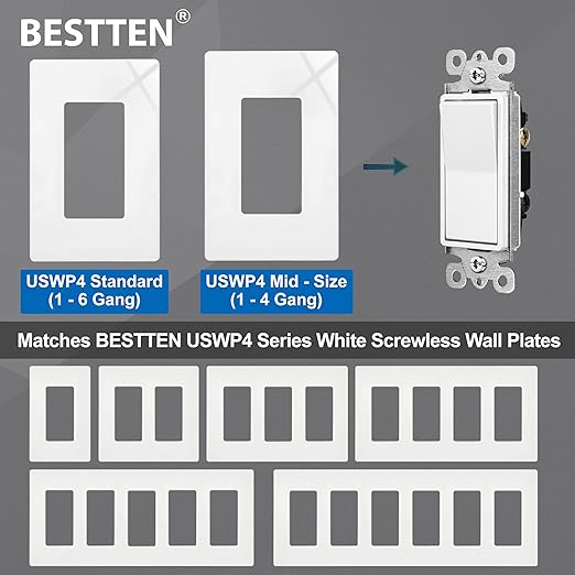 BESTTEN 10 Pack 3-Way Decorator Wall Light Switch with Wallplate, 15A 120V/277V, Single Pole or Three Way, On/Off Paddle Rocker Interrupter, UL Listed, White